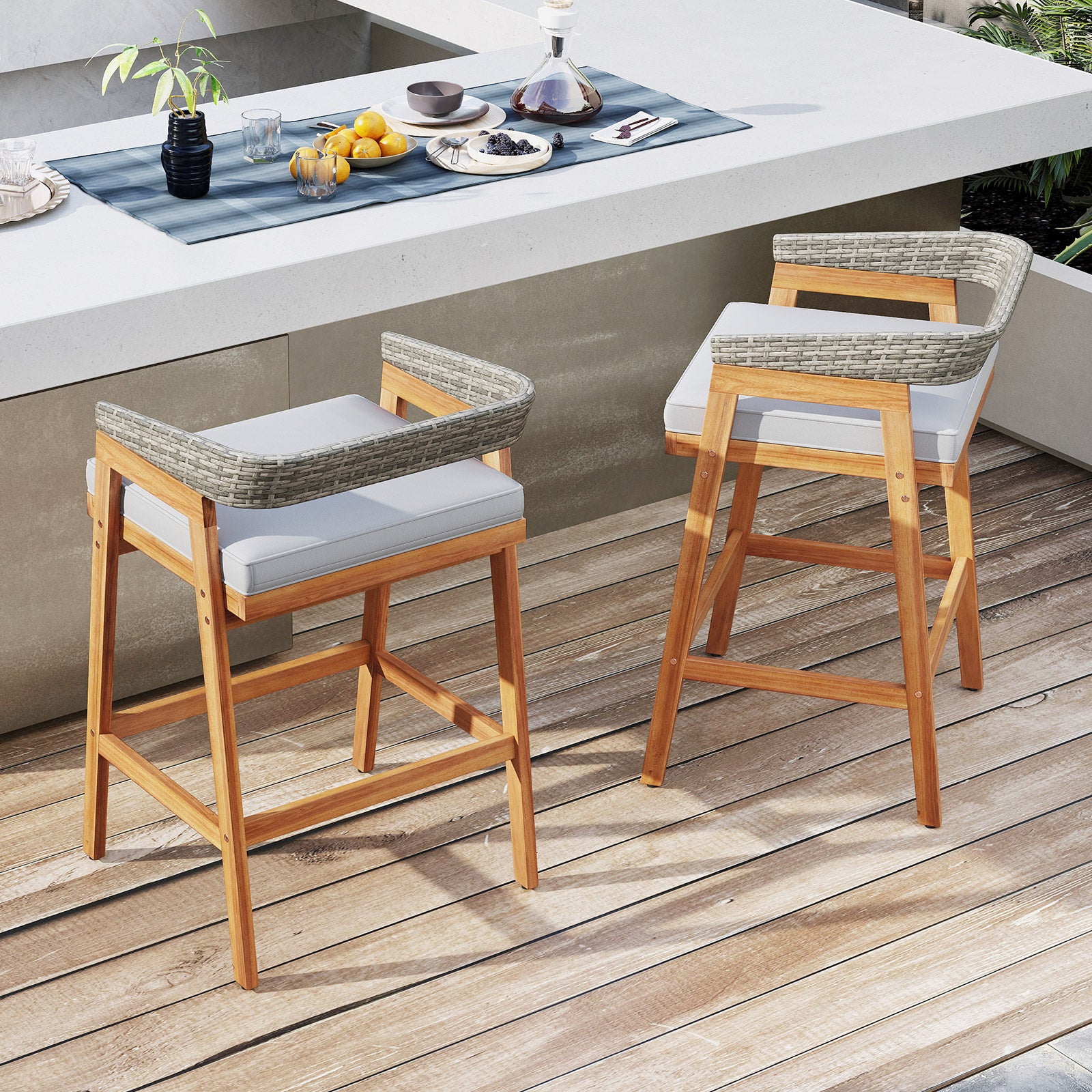 Set of 2 Patio Acacia Wood Counter Height Bar Stools with Cushions and PE Wicker Backrests Footrests, Gray Patio Bar Furniture at Gallery Canada
