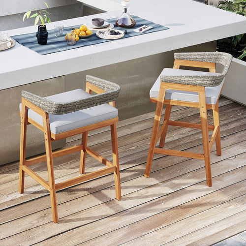 Set of 2 Patio Acacia Wood Counter Height Bar Stools with Cushions and PE Wicker Backrests Footrests, Gray