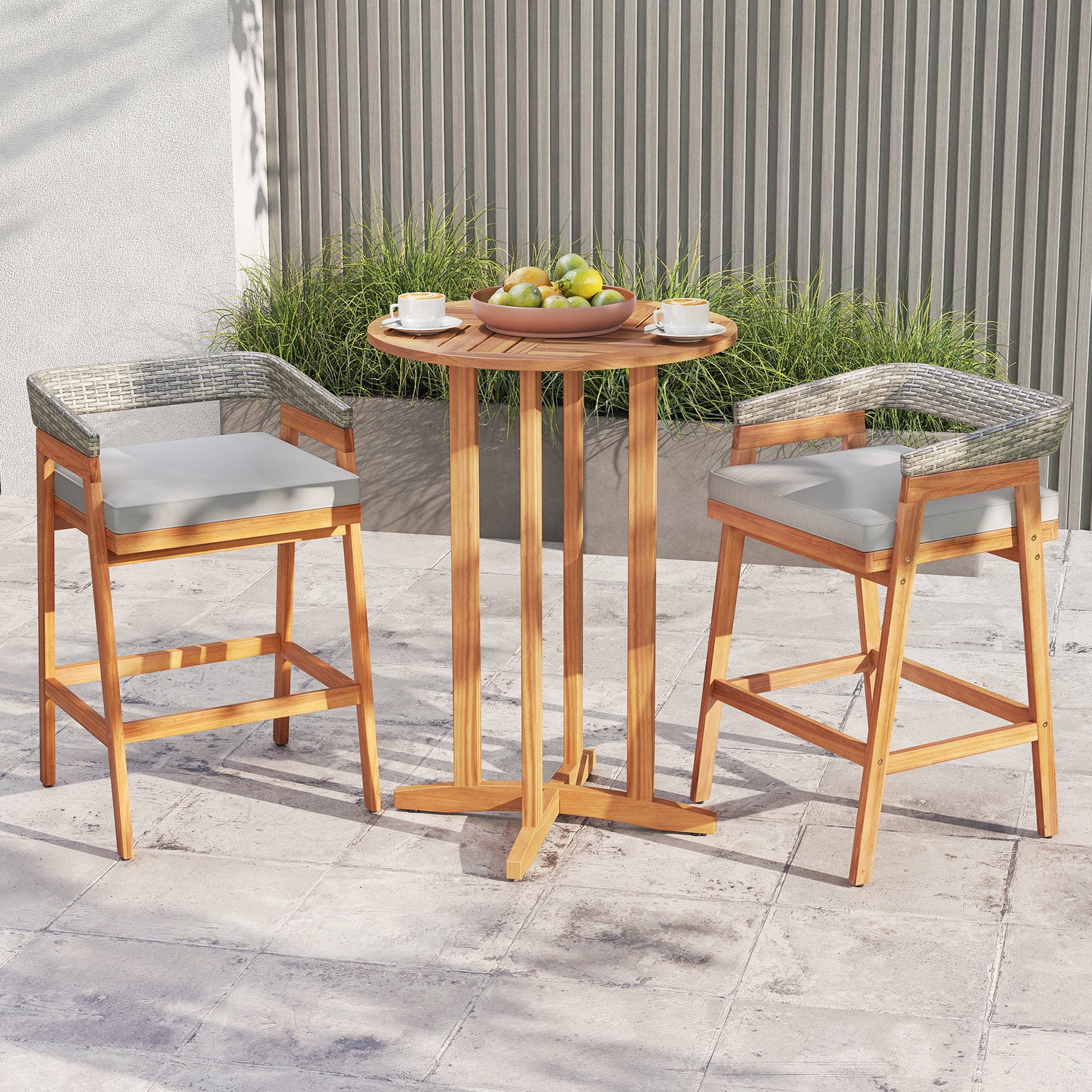 Set of 2 Patio Acacia Wood Counter Height Bar Stools with Cushions and PE Wicker Backrests Footrests, Gray Patio Bar Furniture at Gallery Canada