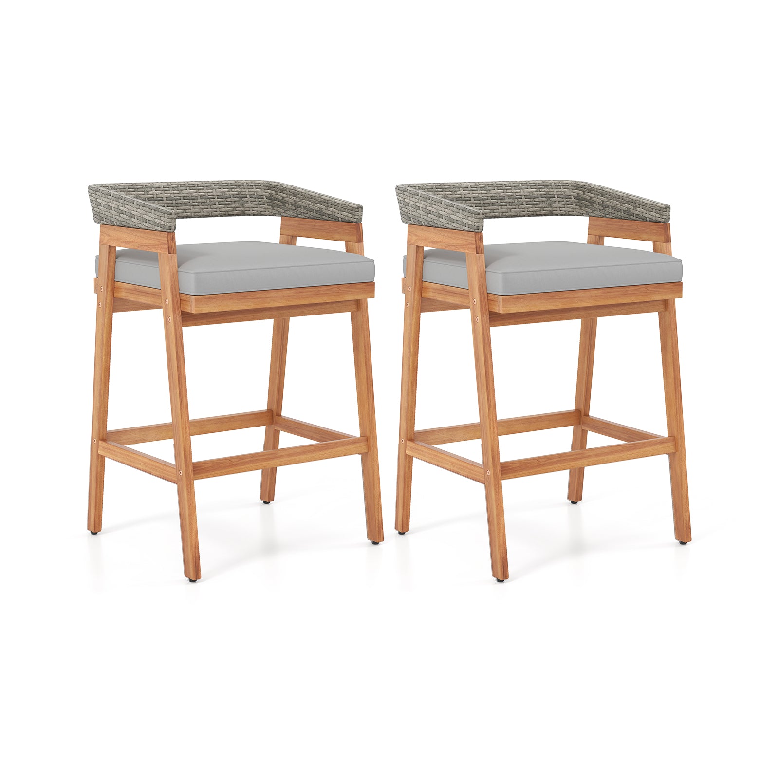 Set of 2 Patio Acacia Wood Counter Height Bar Stools with Cushions and PE Wicker Backrests Footrests, Gray Patio Bar Furniture at Gallery Canada