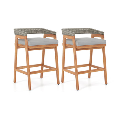 Set of 2 Patio Acacia Wood Counter Height Bar Stools with Cushions and PE Wicker Backrests Footrests, Gray Patio Bar Furniture at Gallery Canada