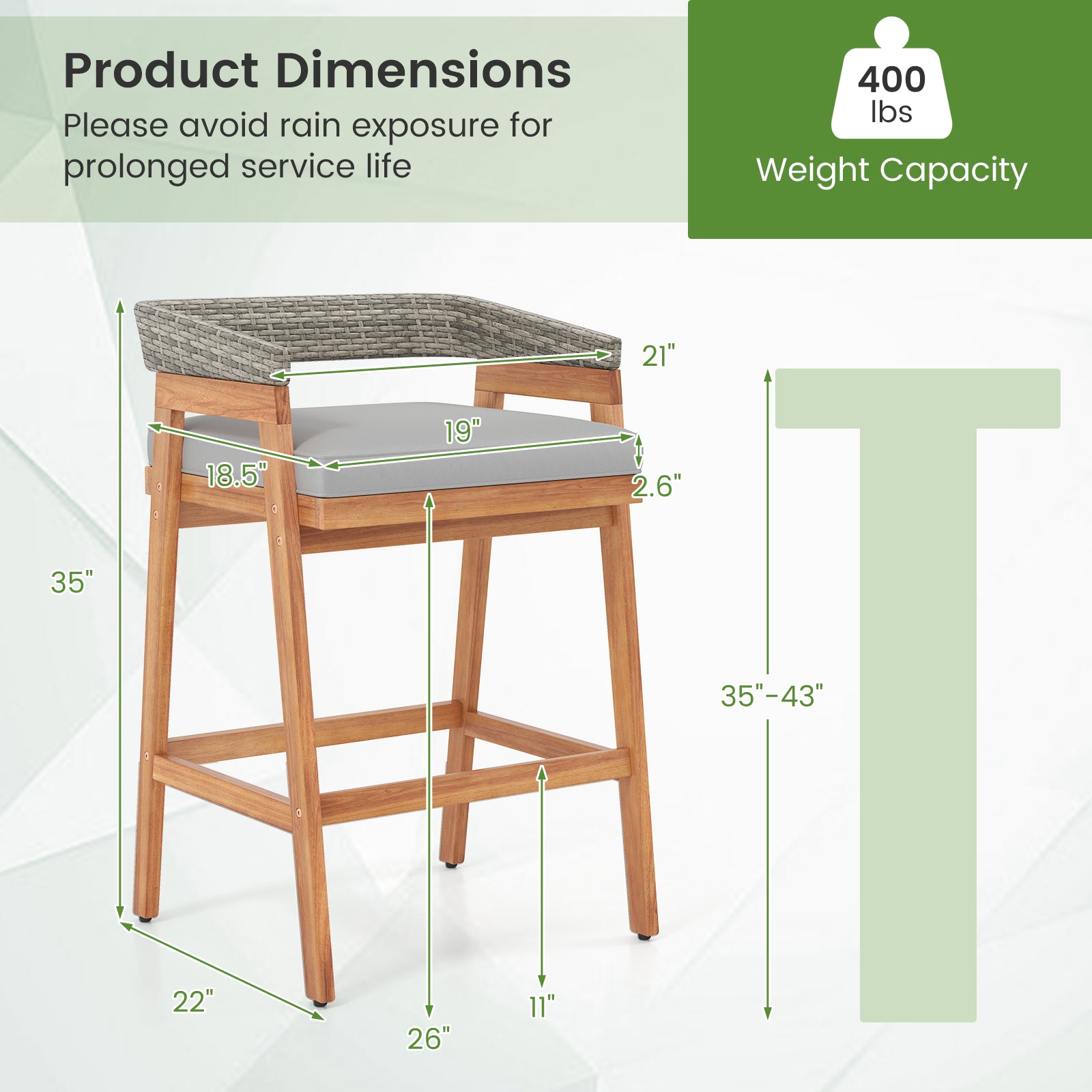 Set of 2 Patio Acacia Wood Counter Height Bar Stools with Cushions and PE Wicker Backrests Footrests, Gray Patio Bar Furniture at Gallery Canada