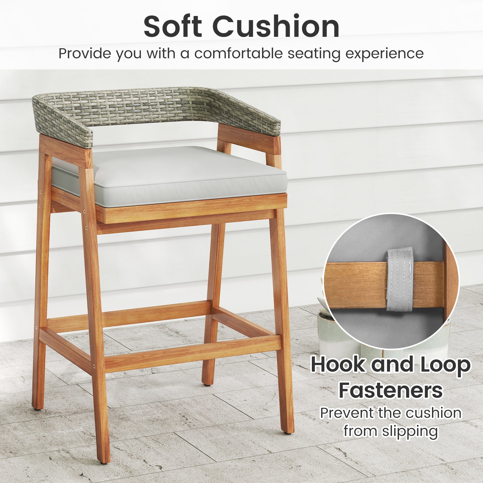 Set of 2 Patio Acacia Wood Counter Height Bar Stools with Cushions and PE Wicker Backrests Footrests, Gray Patio Bar Furniture at Gallery Canada