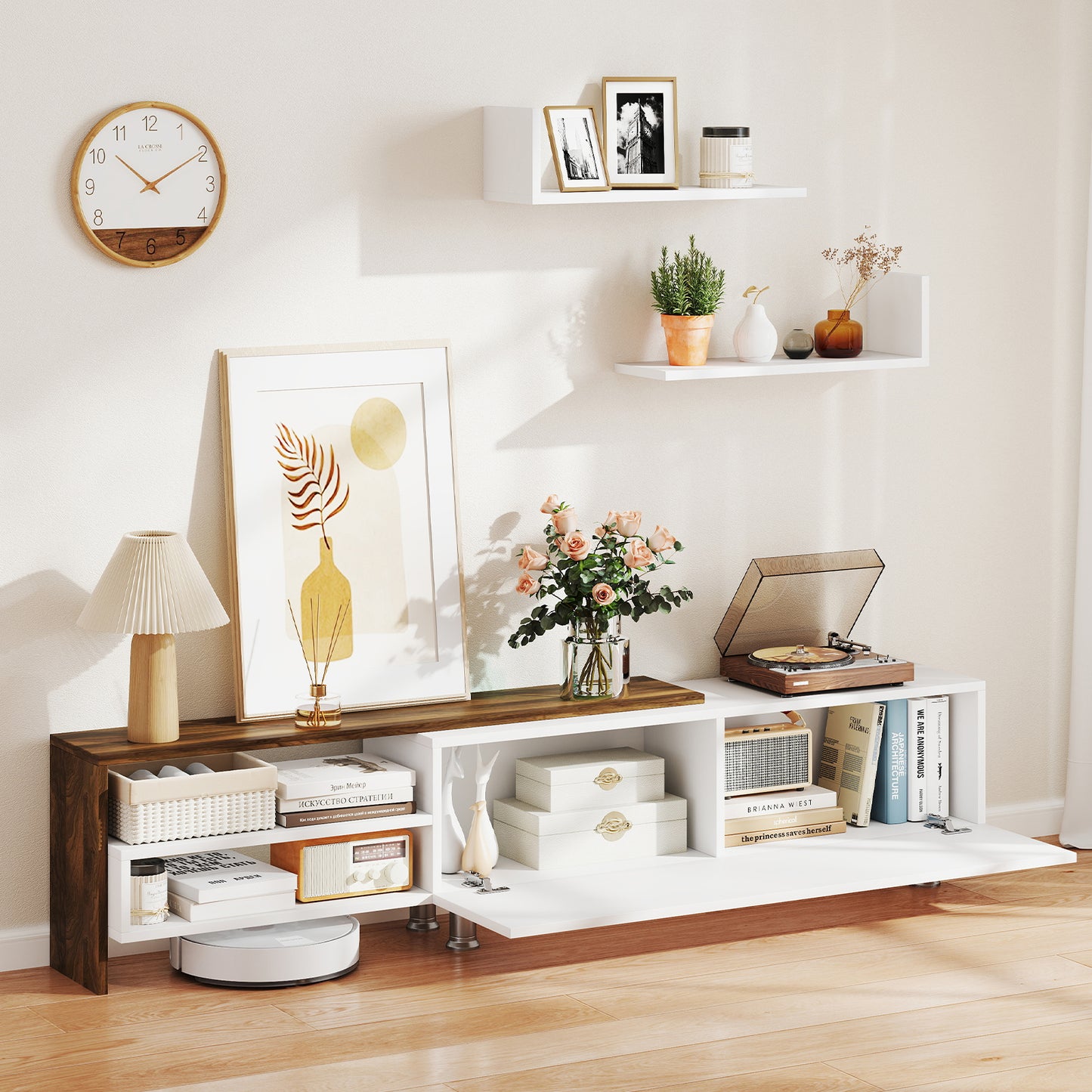 3 Pieces Farmhouse TV Stand for TVs up to 80 Inch with Cabinet and Compartments, White Entertainment Centers & TV Stands at Gallery Canada