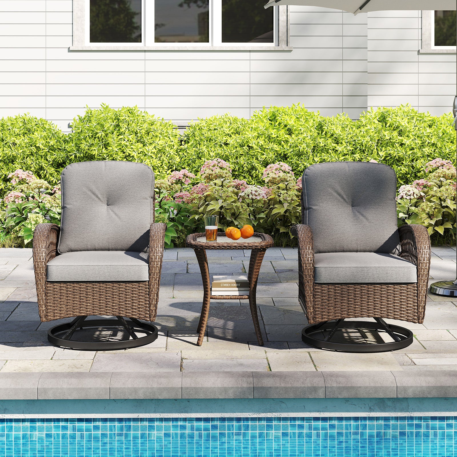 3 Piece Patio Swivel Rocker Set, With Glass Side Table, Gray Patio Rocking Chairs & Gliders at Gallery Canada