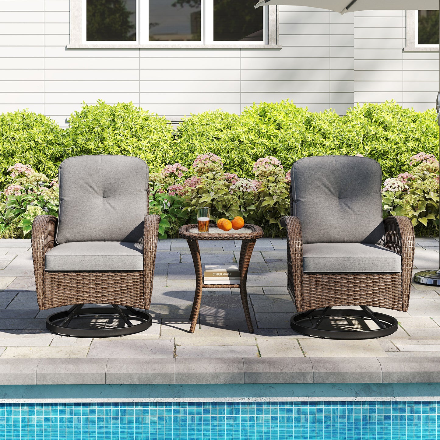3 Piece Patio Swivel Rocker Set, With Glass Side Table, Gray Patio Rocking Chairs & Gliders at Gallery Canada