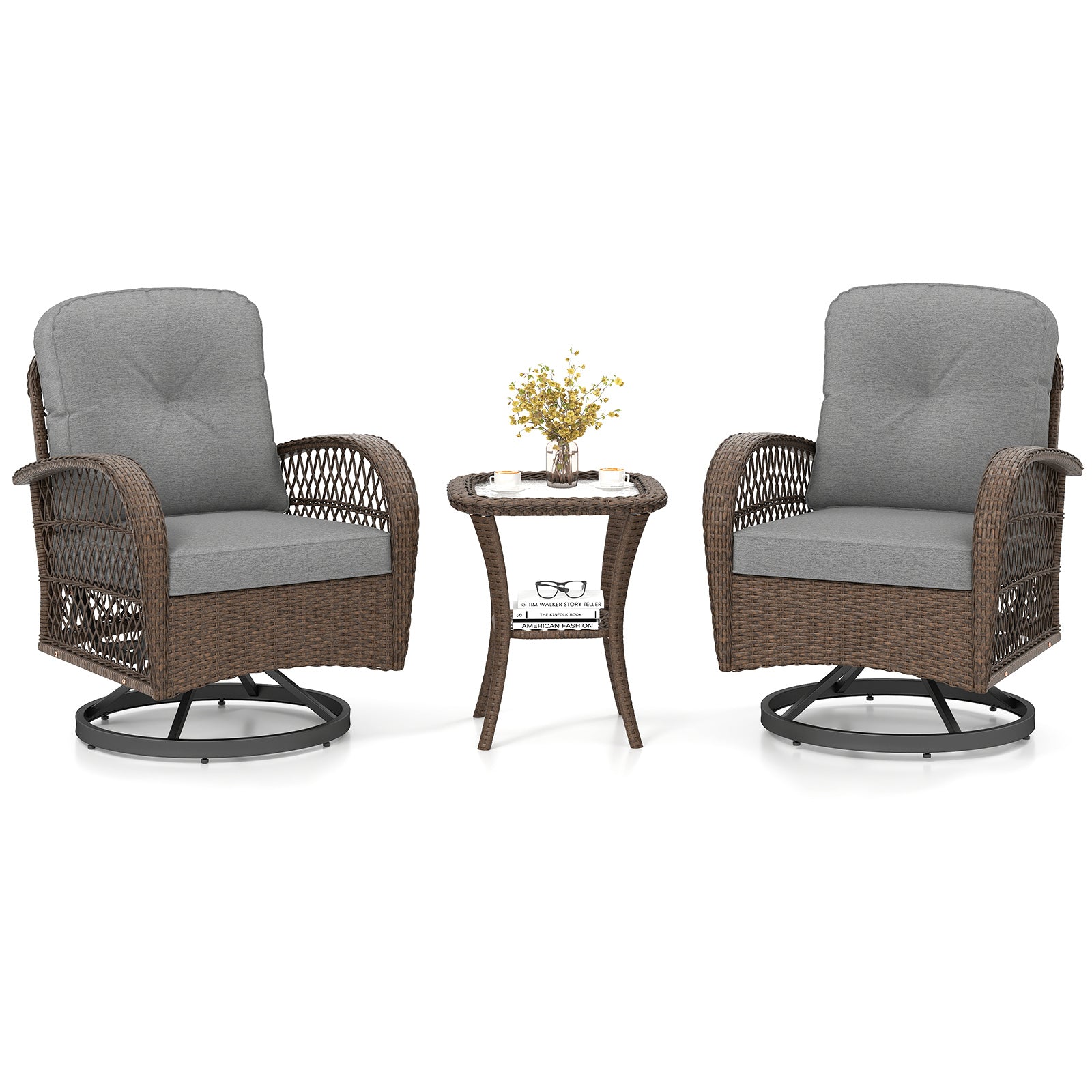 3 Piece Patio Swivel Rocker Set, With Glass Side Table, Gray Patio Rocking Chairs & Gliders Gray at Gallery Canada