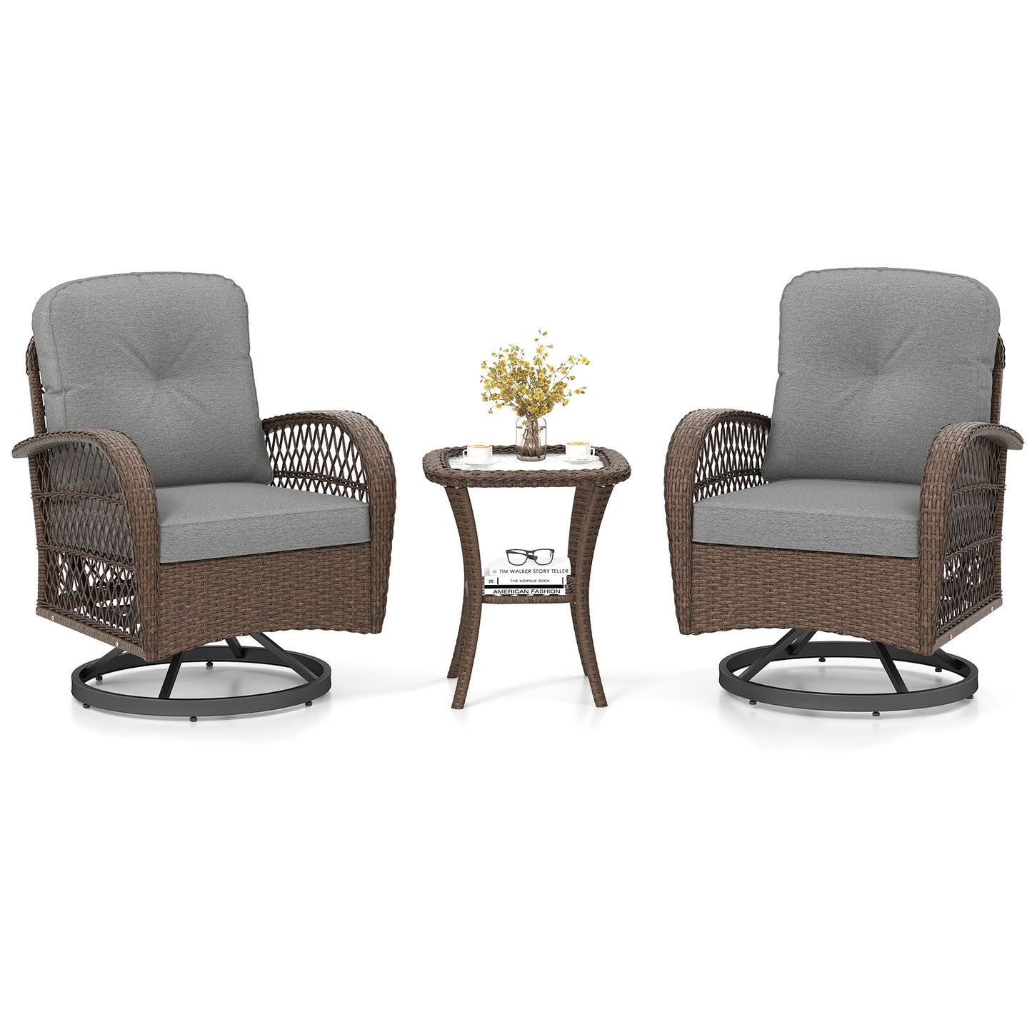 3 Piece Patio Swivel Rocker Set, With Glass Side Table, Gray Patio Rocking Chairs & Gliders Gray at Gallery Canada