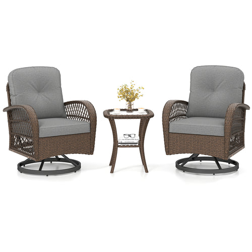 3 Piece Patio Swivel Rocker Set, With Glass Side Table, Gray