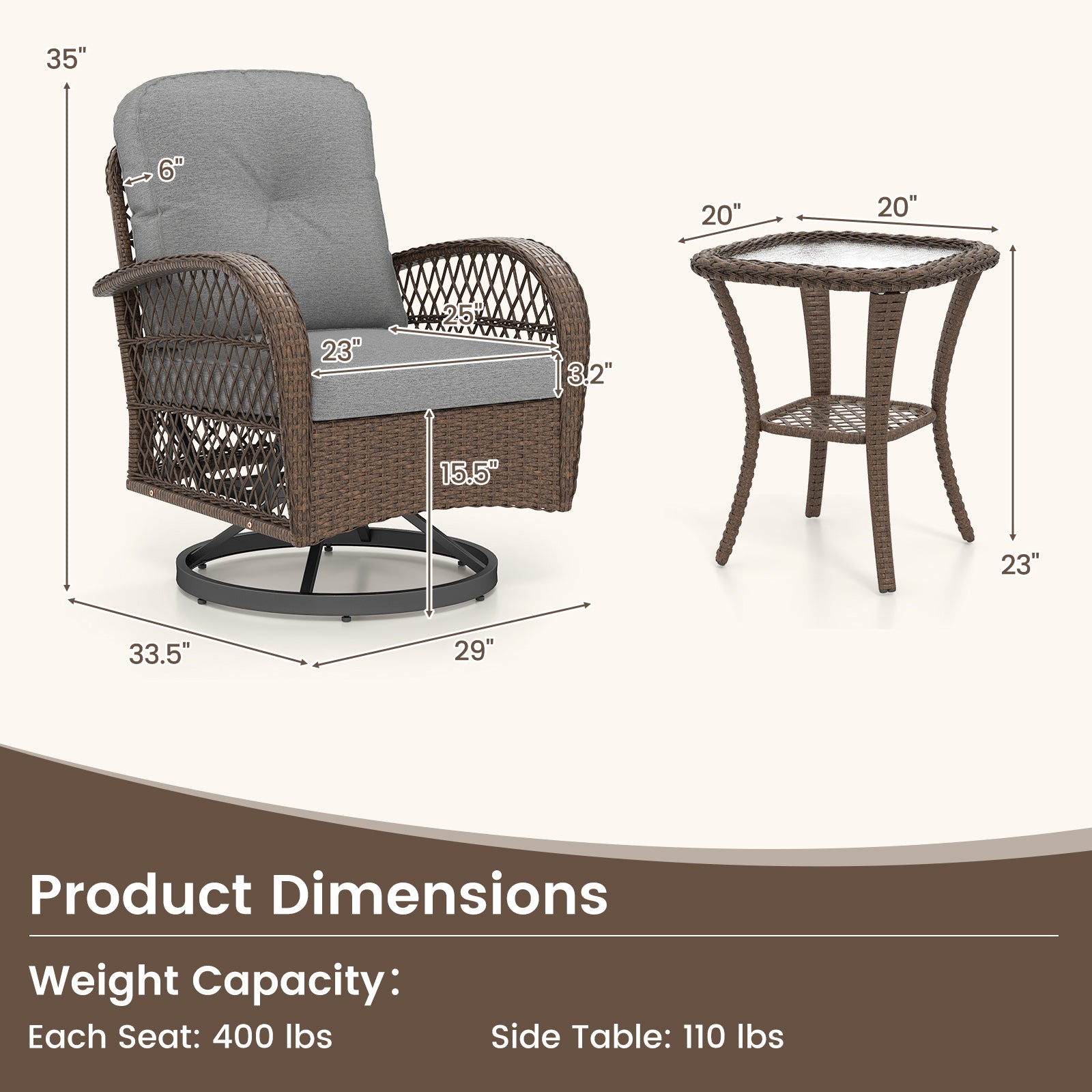 3 Piece Patio Swivel Rocker Set, With Glass Side Table, Gray Patio Rocking Chairs & Gliders at Gallery Canada