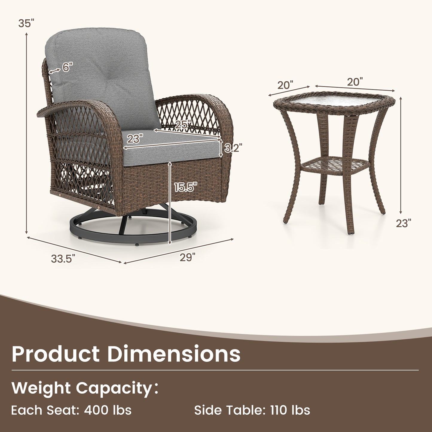 3 Piece Patio Swivel Rocker Set, With Glass Side Table, Gray Patio Rocking Chairs & Gliders at Gallery Canada