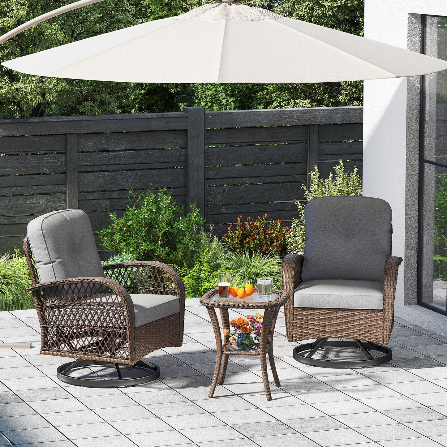 3 Piece Patio Swivel Rocker Set, With Glass Side Table, Gray Patio Rocking Chairs & Gliders at Gallery Canada