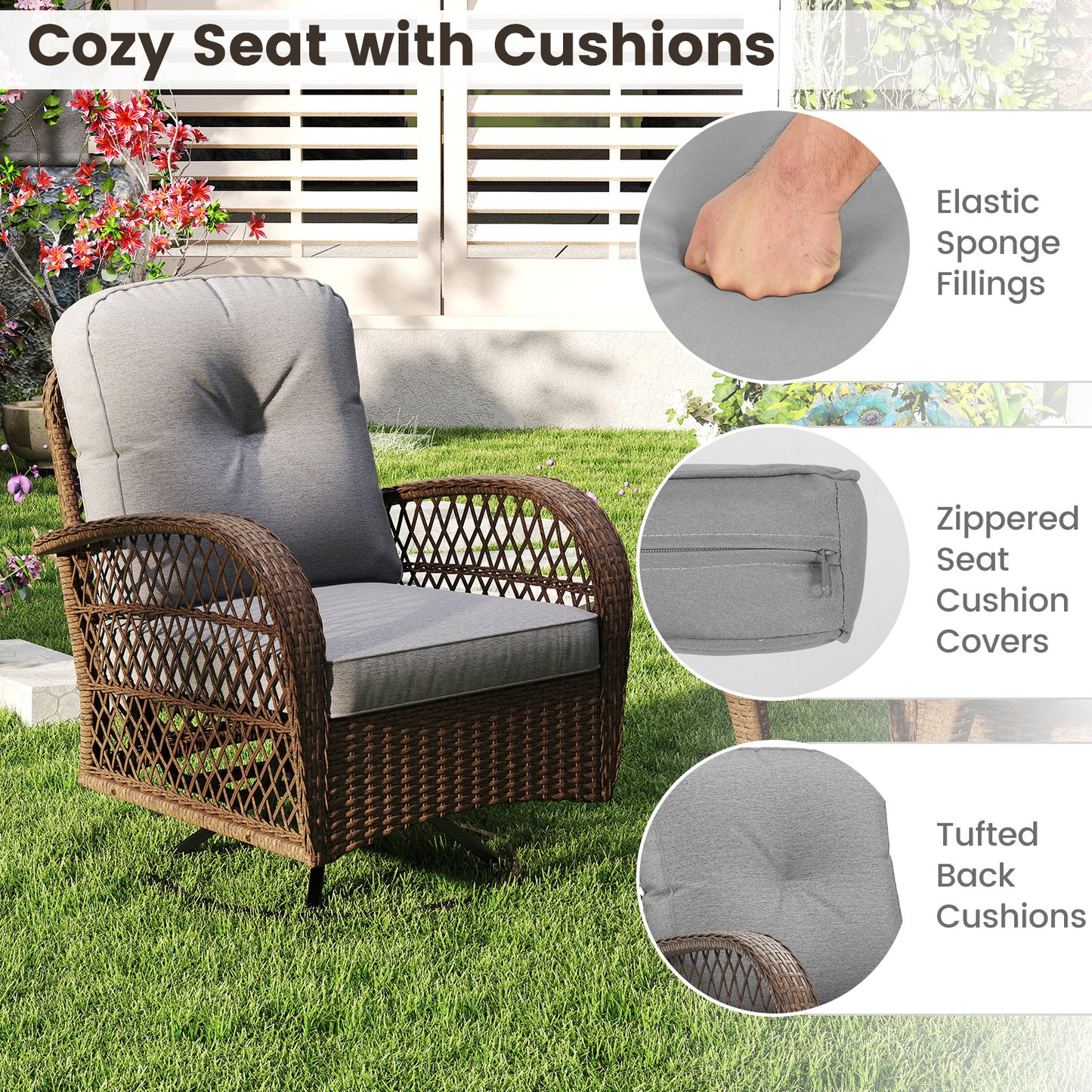 3 Piece Patio Swivel Rocker Set, With Glass Side Table, Gray Patio Rocking Chairs & Gliders at Gallery Canada