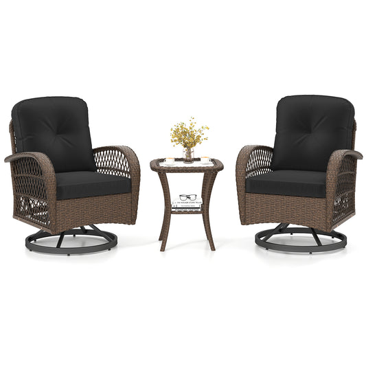 3 Piece Patio Swivel Rocker Set, Tempered Glass Side Table, Thick Cushions, Black Patio Rocking Chairs & Gliders Black at Gallery Canada