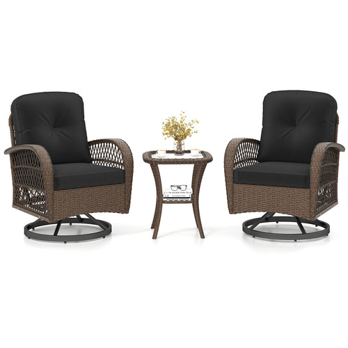 3 Piece Patio Swivel Rocker Set, Tempered Glass Side Table, Thick Cushions, Black