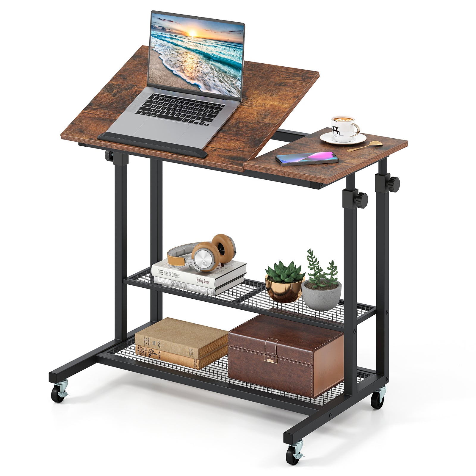Mobile Height Adjustable Standing Desk, Tilting Tabletop, Brown Standing Desks Rustic Brown at Gallery Canada