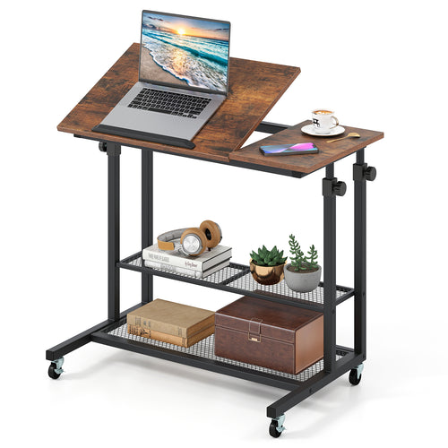 Mobile Height Adjustable Standing Desk, Tilting Tabletop, Brown