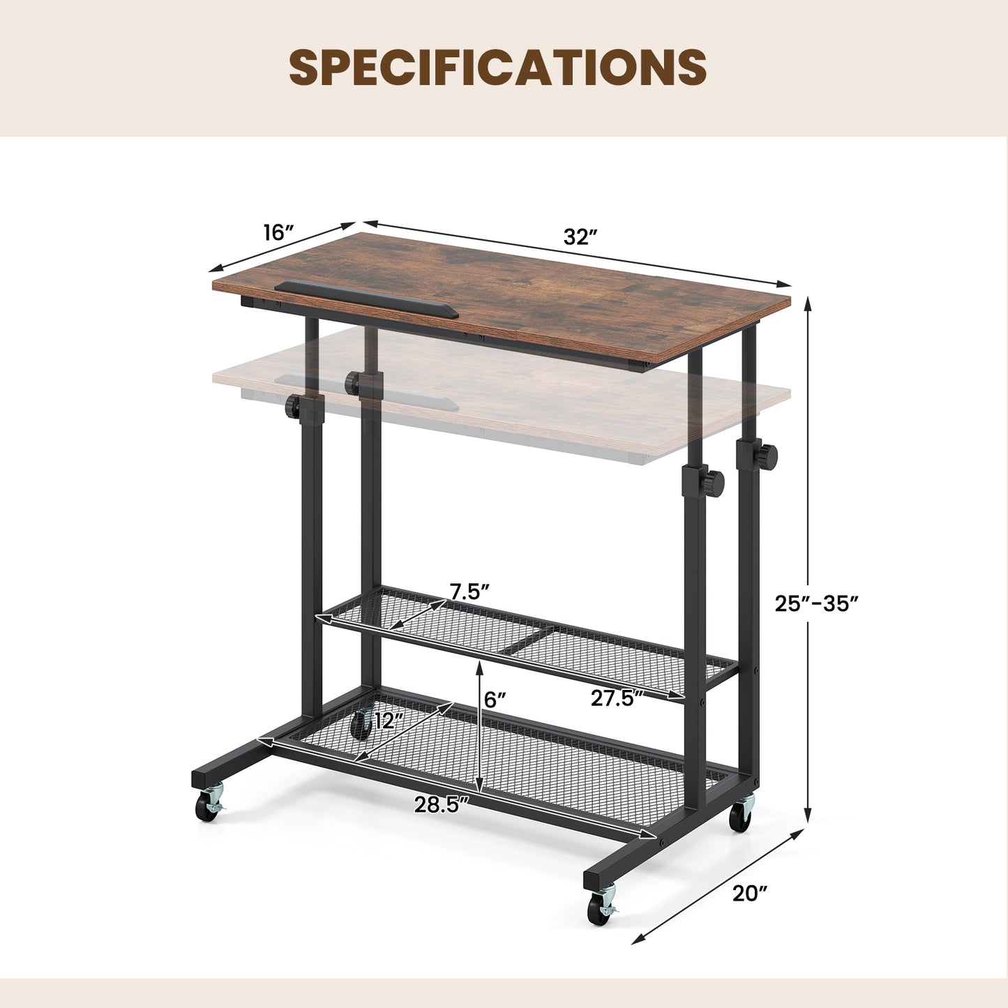 Mobile Height Adjustable Standing Desk, Tilting Tabletop, Brown Standing Desks at Gallery Canada