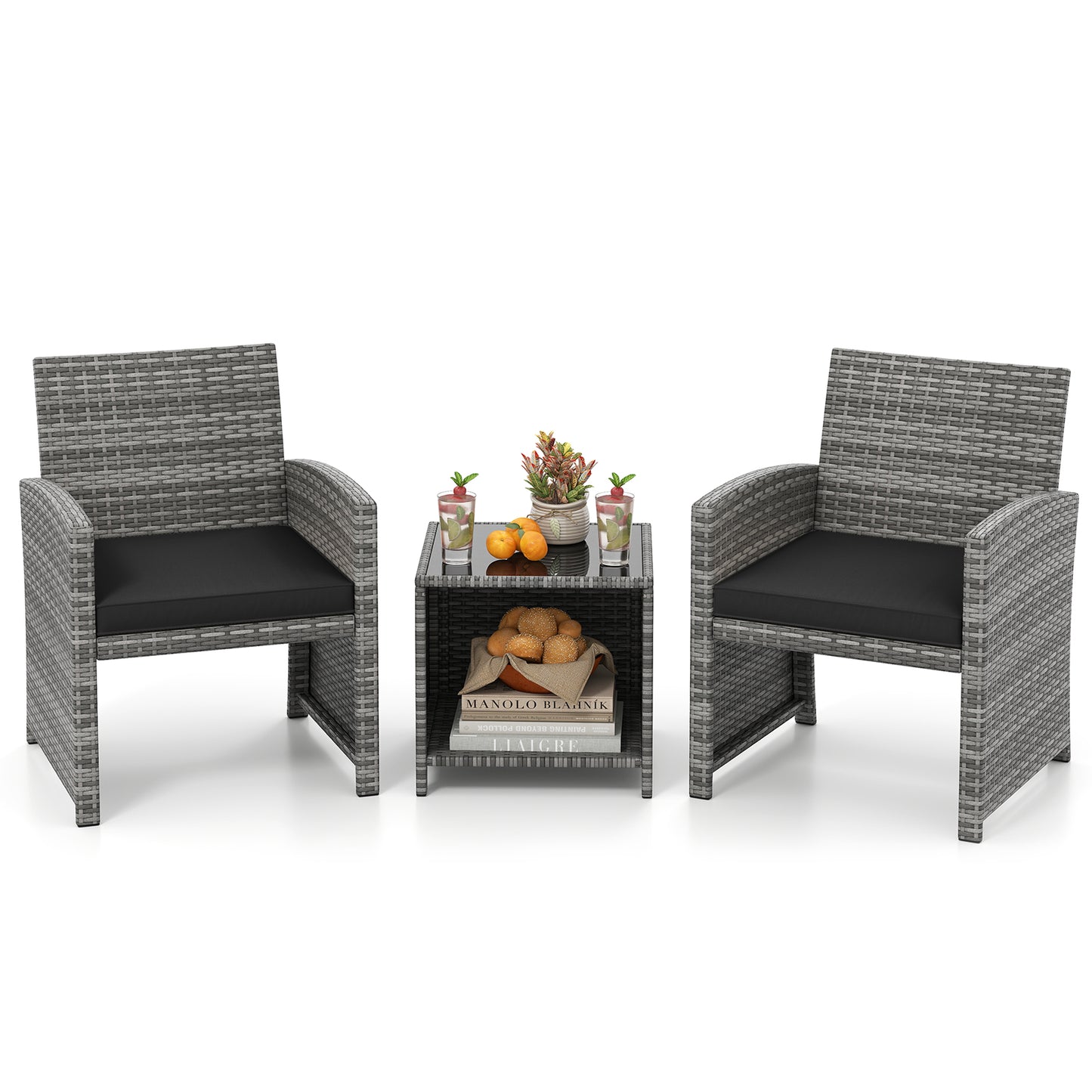 3 Pieces Patio Furniture Set with Tempered Glass Coffee Table and Soft Seat Cushions, Black Patio Conversation Sets at Gallery Canada