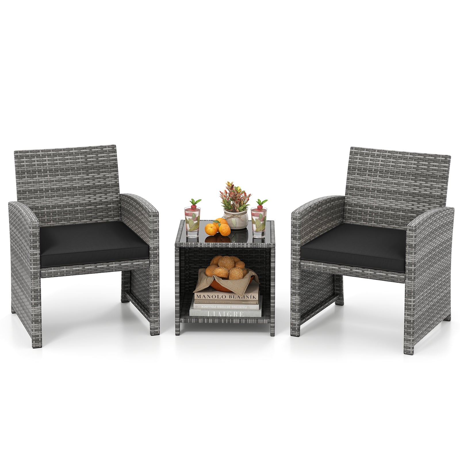 3 Pieces Patio Furniture Set with Tempered Glass Coffee Table and Soft Seat Cushions, Black Patio Conversation Sets at Gallery Canada
