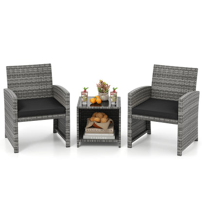 3 Pieces Patio Furniture Set with Tempered Glass Coffee Table and Soft Seat Cushions, Black Patio Conversation Sets at Gallery Canada