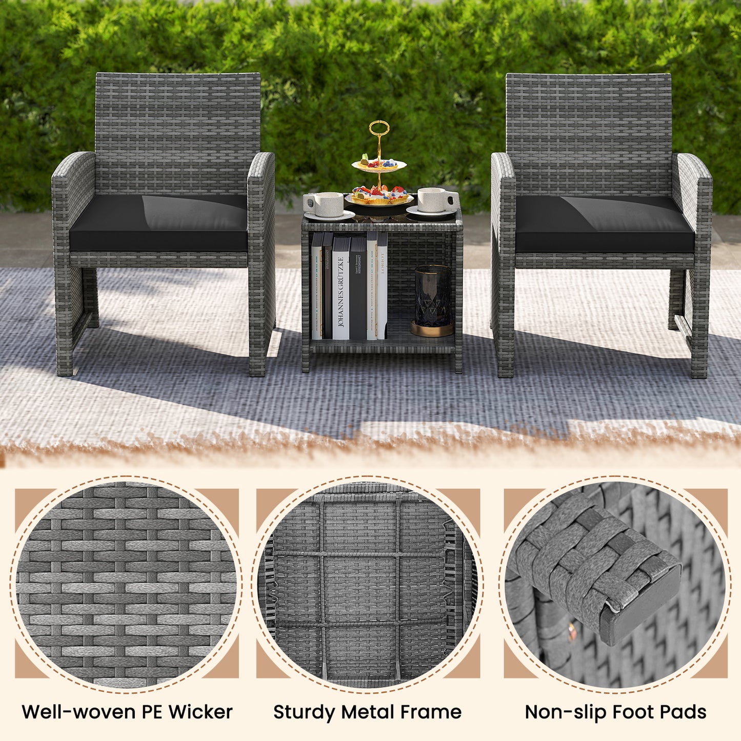 3 Pieces Patio Furniture Set with Tempered Glass Coffee Table and Soft Seat Cushions, Black Patio Conversation Sets at Gallery Canada