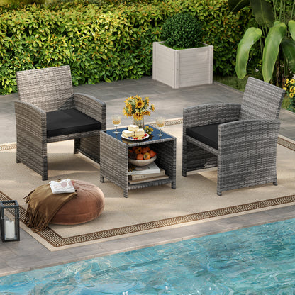 3 Pieces Patio Furniture Set with Tempered Glass Coffee Table and Soft Seat Cushions, Black Patio Conversation Sets at Gallery Canada