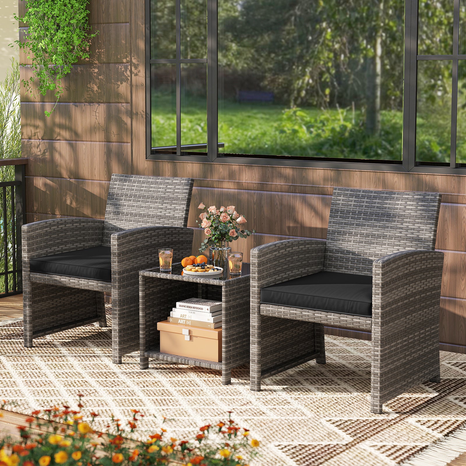 3 Pieces Patio Furniture Set with Tempered Glass Coffee Table and Soft Seat Cushions, Black Patio Conversation Sets at Gallery Canada