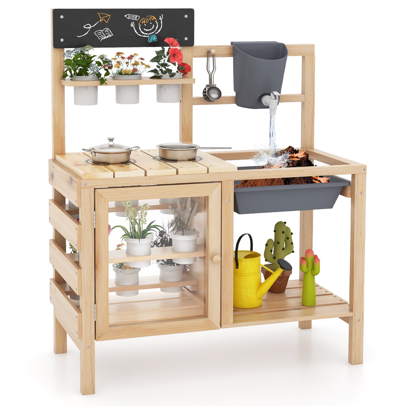 Mud Kitchen Playset with Sink and Plants Observation Room, Natural Play Kitchen Sets at Gallery Canada