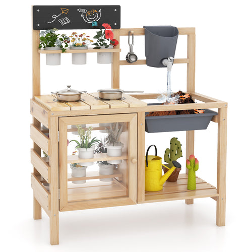 Mud Kitchen Playset With Sink, Plants Observation Room, Natural