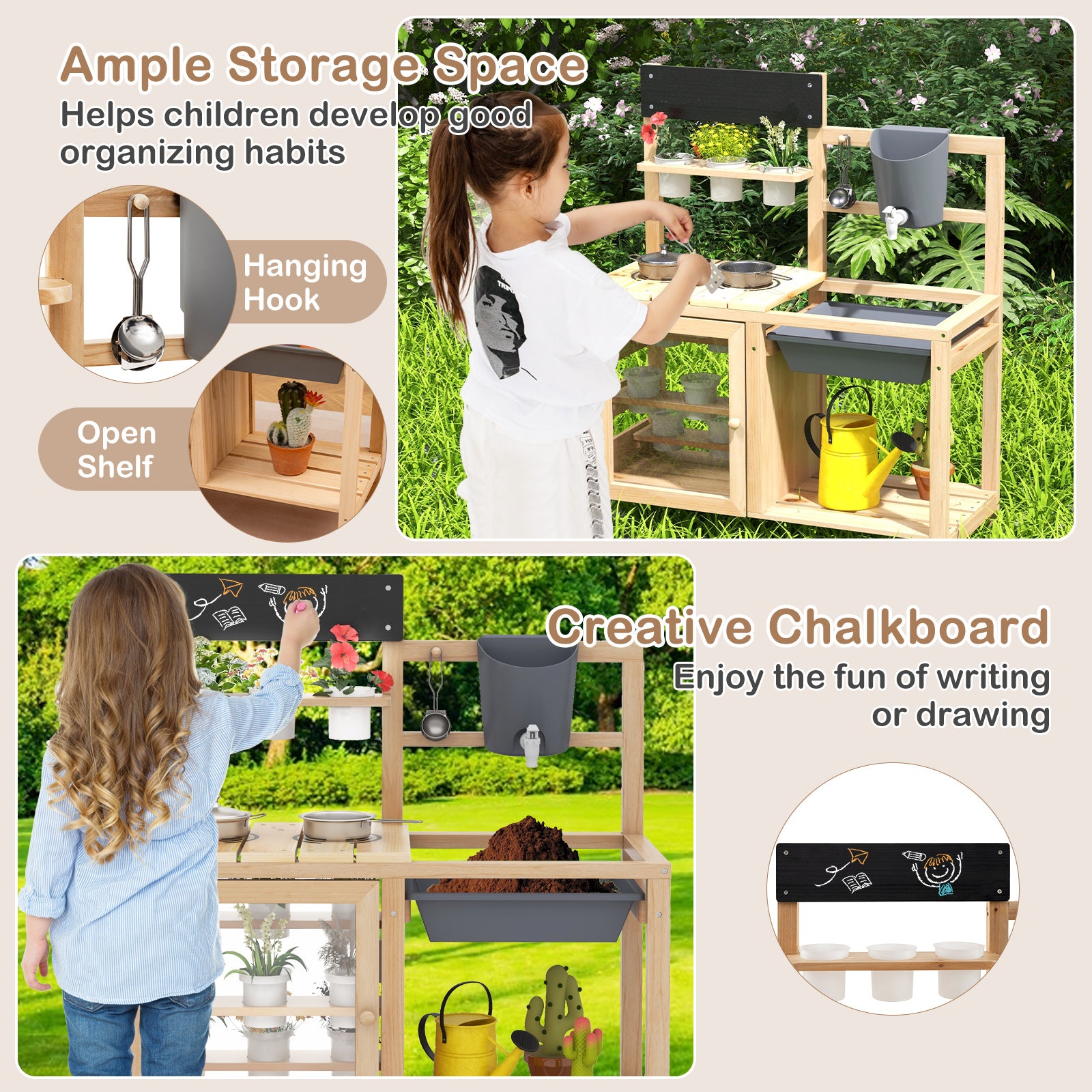 Mud Kitchen Playset with Sink and Plants Observation Room, Natural Play Kitchen Sets at Gallery Canada