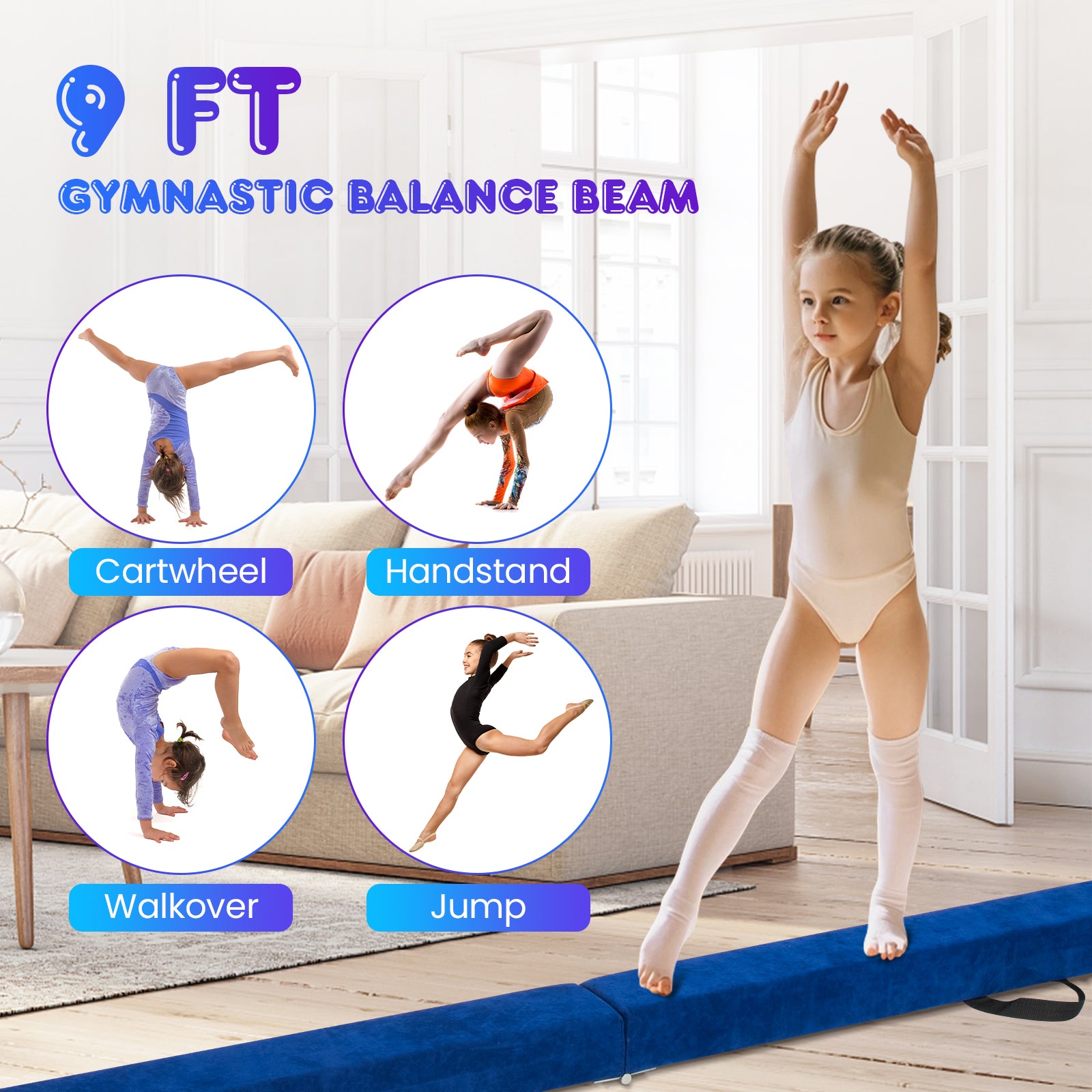 9 FT Folding Gymnastics Balance Beam with Anti-slip Base and Pine Wood Frame, Blue Yoga & Gym Mats at Gallery Canada