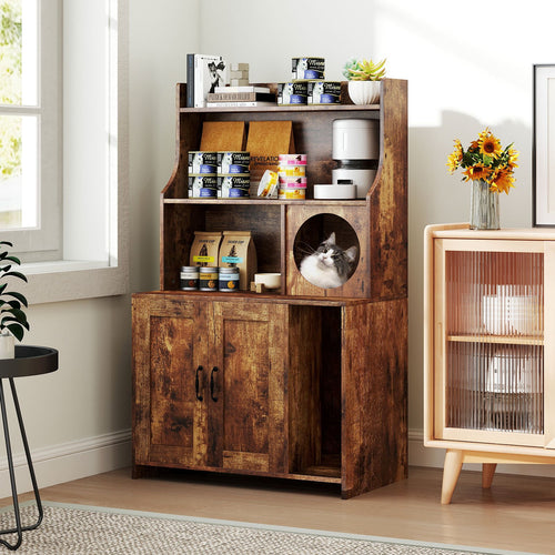 Modern Wooden Industrial Cat Litter Box Enclosure with Storage Shelves, Brown