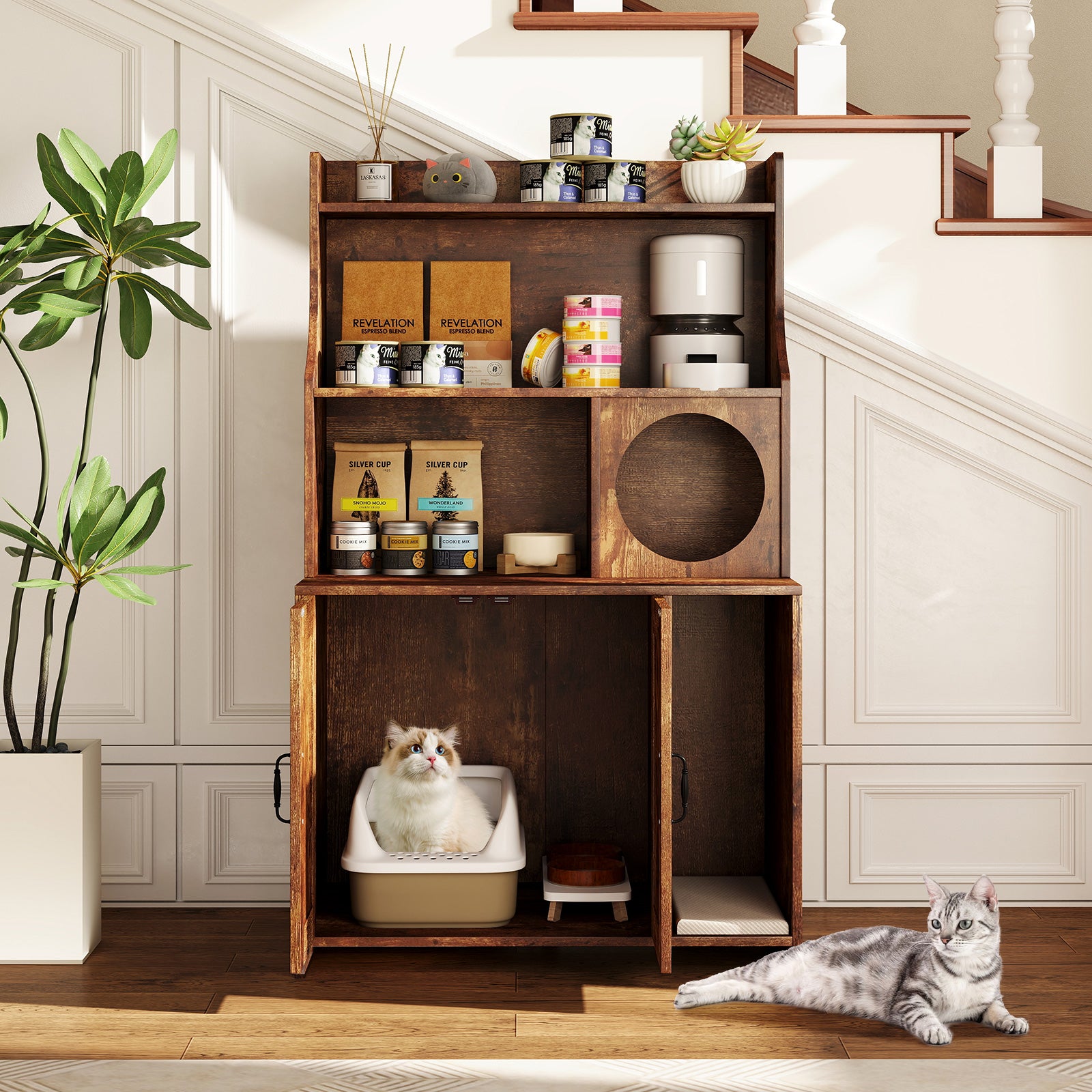 Modern Wooden Industrial Cat Litter Box Enclosure with Storage Shelves, Brown Cat Houses at Gallery Canada