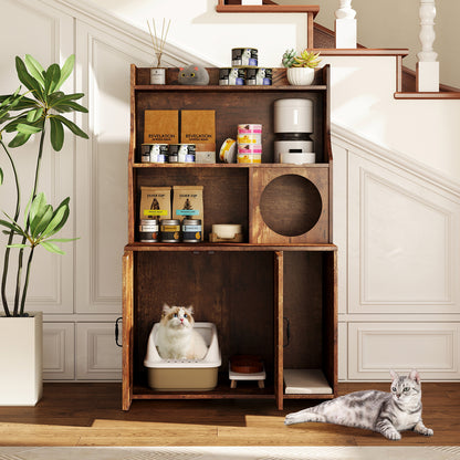Modern Wooden Industrial Cat Litter Box Enclosure with Storage Shelves, Brown Cat Houses at Gallery Canada