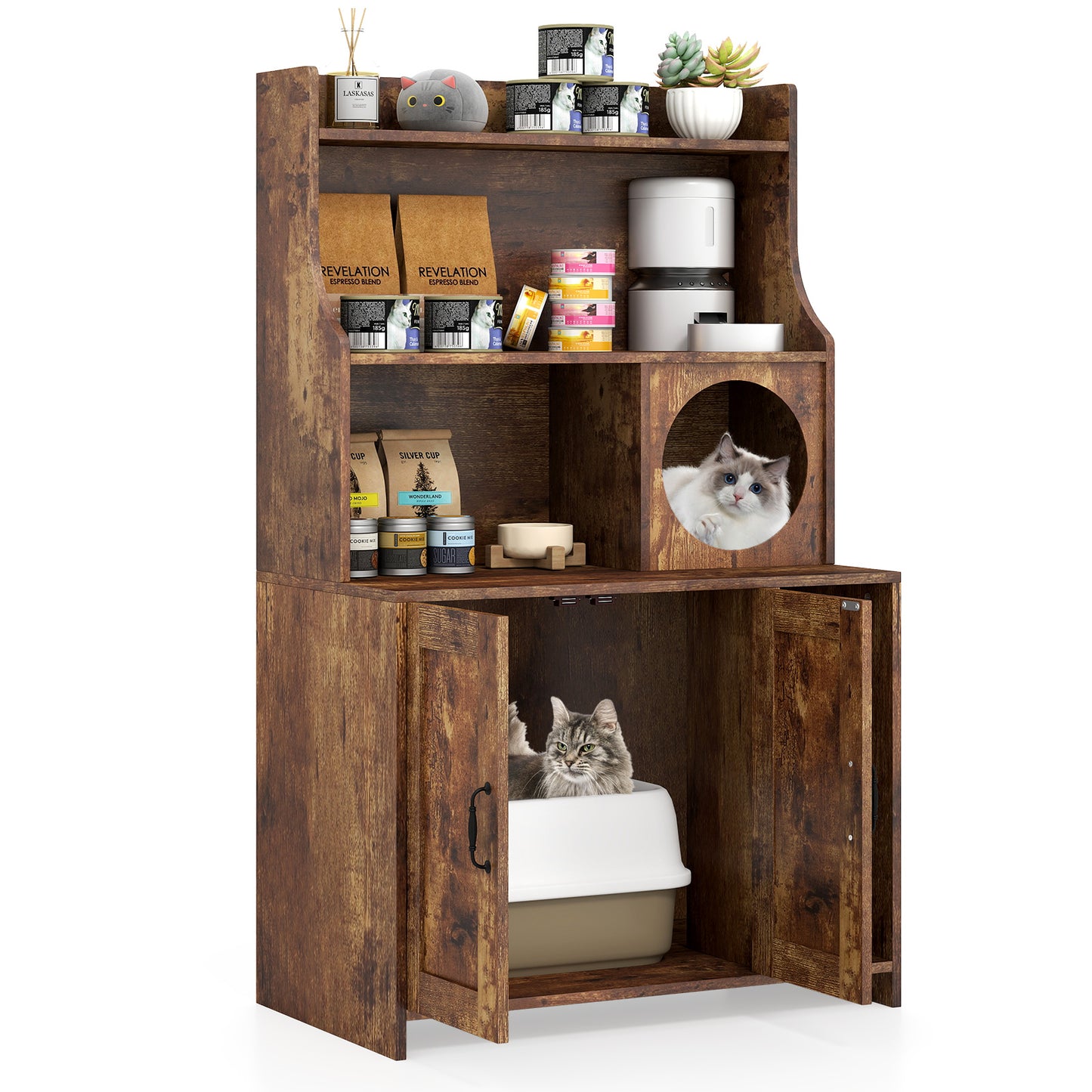 Wooden Cat Litter Box Enclosure With Storage Shelves, Brown
