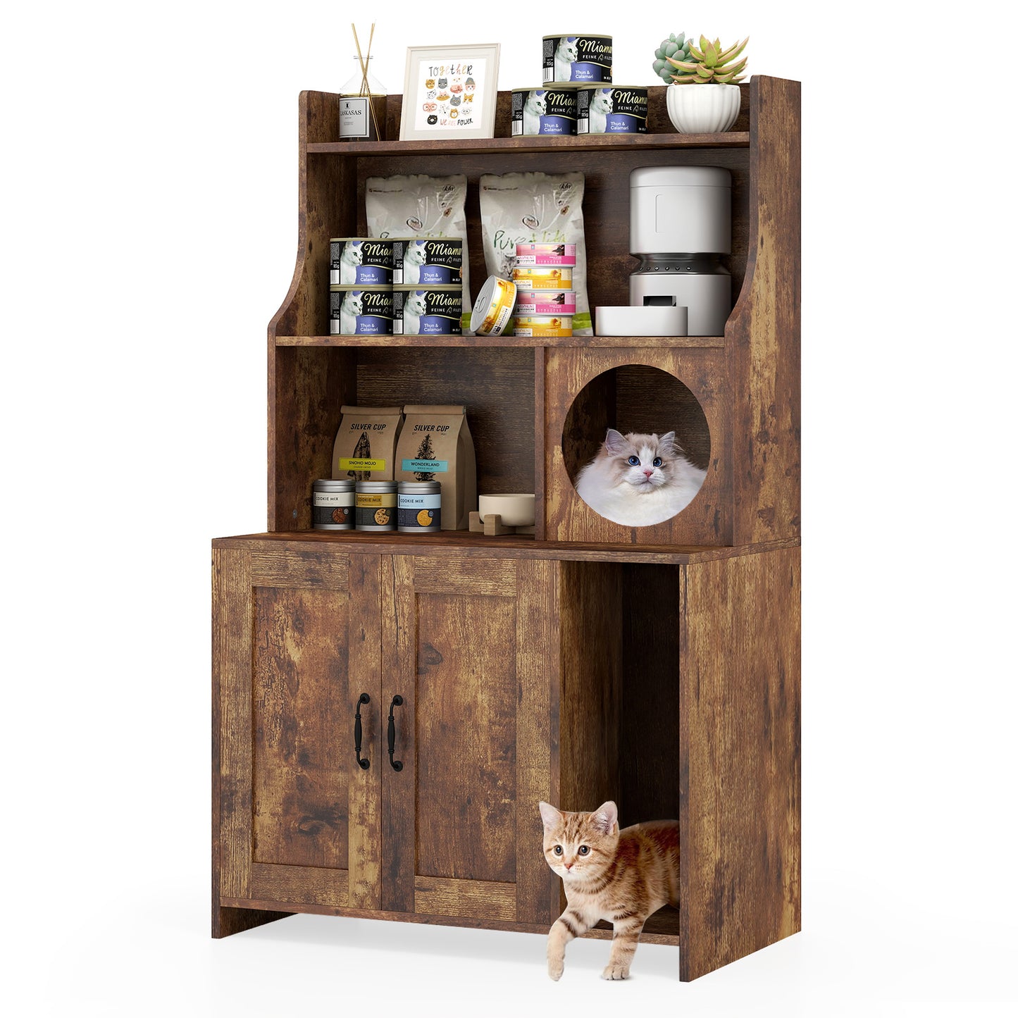 Modern Wooden Industrial Cat Litter Box Enclosure with Storage Shelves, Brown Cat Houses at Gallery Canada