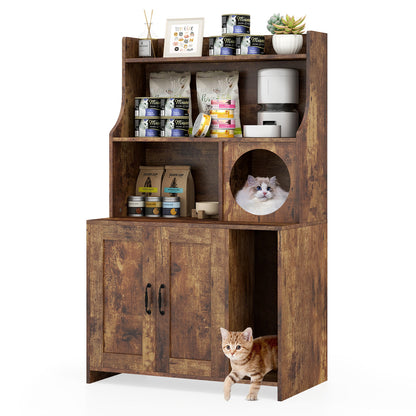 Modern Wooden Industrial Cat Litter Box Enclosure with Storage Shelves, Brown Cat Houses at Gallery Canada