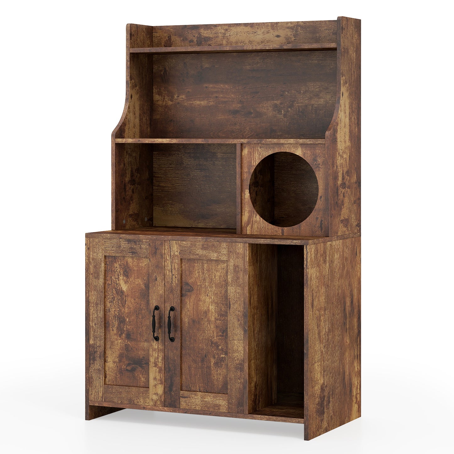 Modern Wooden Industrial Cat Litter Box Enclosure with Storage Shelves, Brown Cat Houses at Gallery Canada