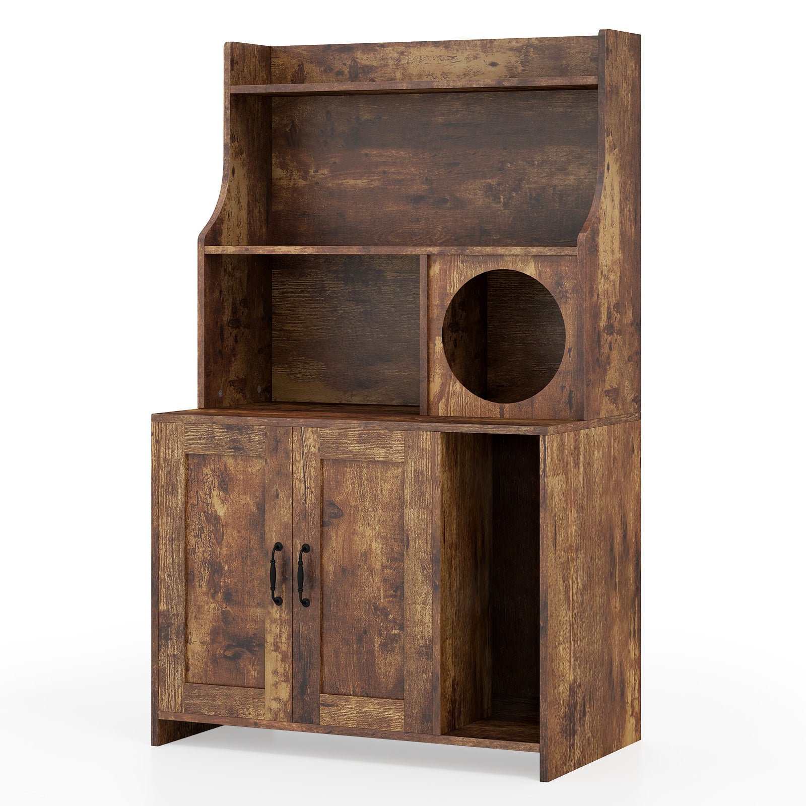 Modern Wooden Industrial Cat Litter Box Enclosure with Storage Shelves, Brown Cat Houses at Gallery Canada