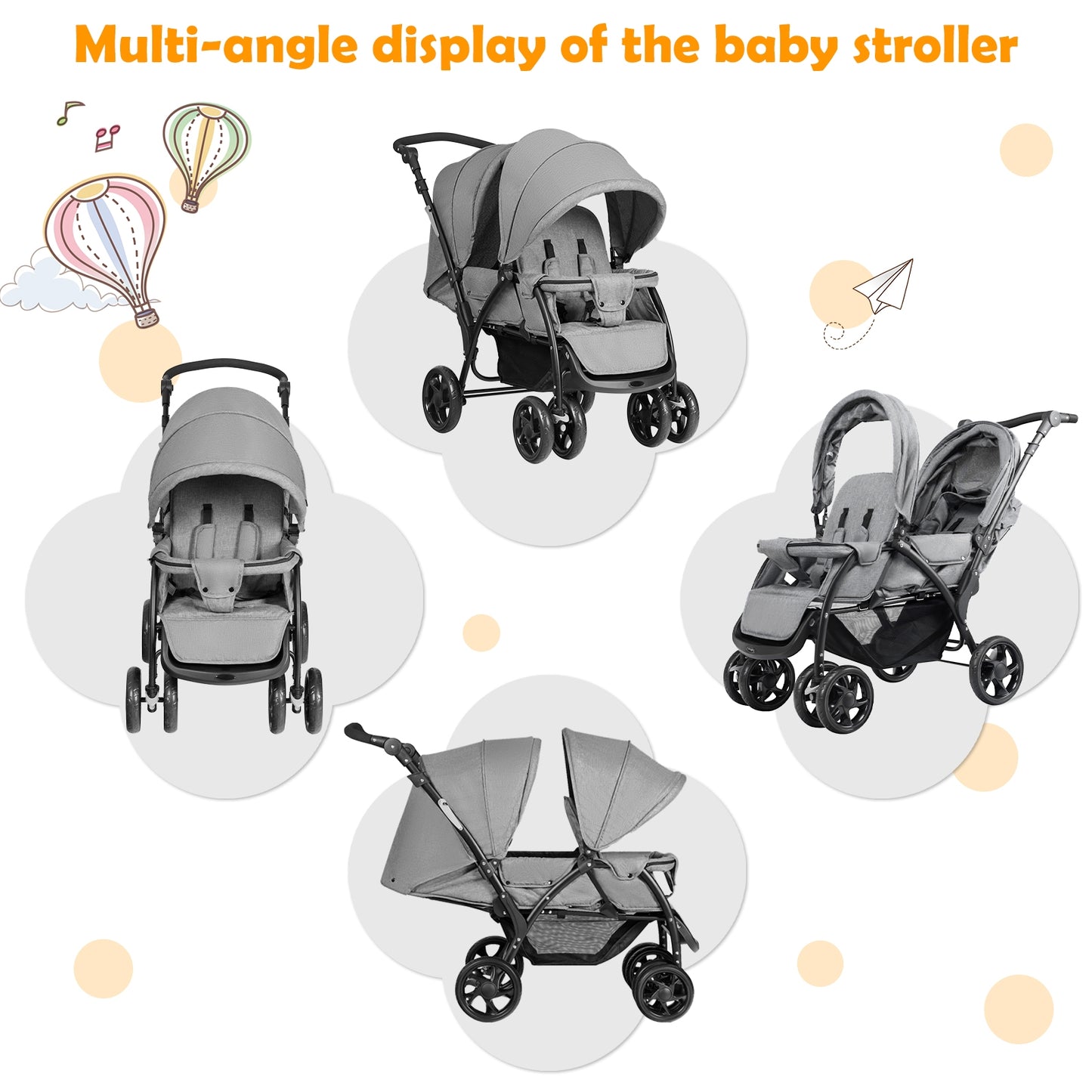 Foldable Lightweight Front Back Seats Double Baby Stroller, Gray Baby Strollers at Gallery Canada