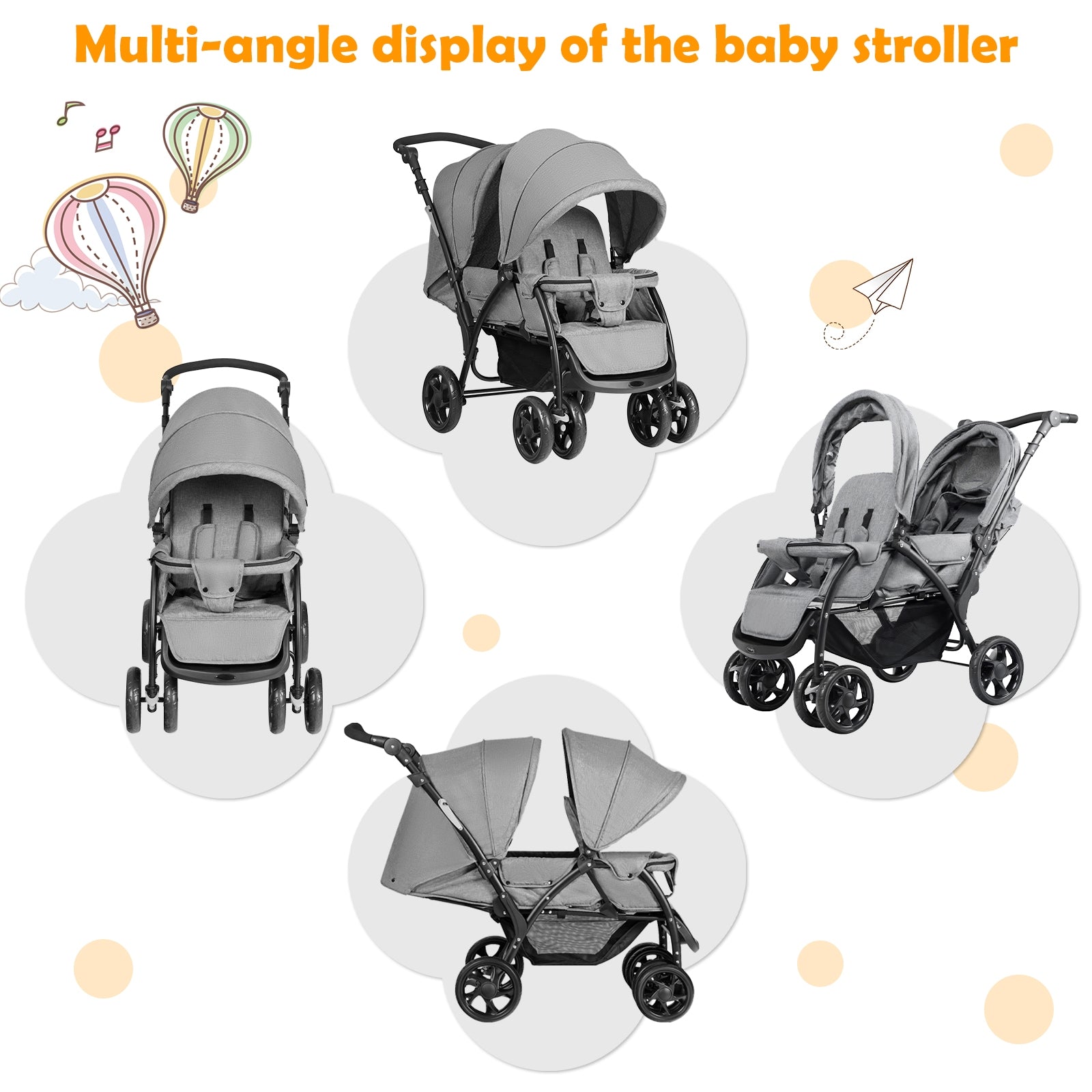 Foldable Lightweight Front Back Seats Double Baby Stroller, Gray Baby Strollers at Gallery Canada