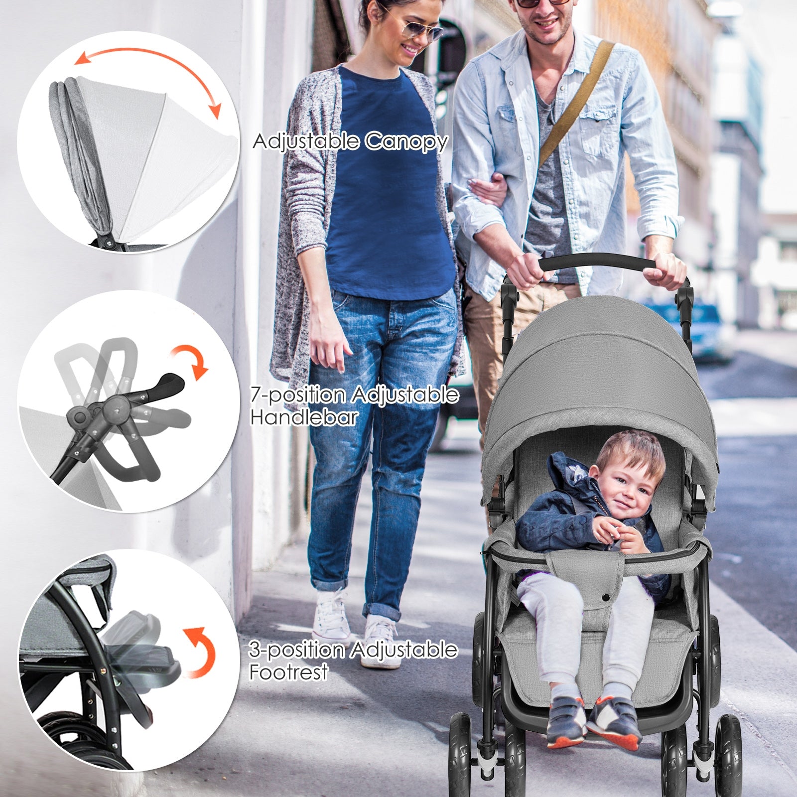 Foldable Lightweight Front Back Seats Double Baby Stroller, Gray Baby Strollers at Gallery Canada