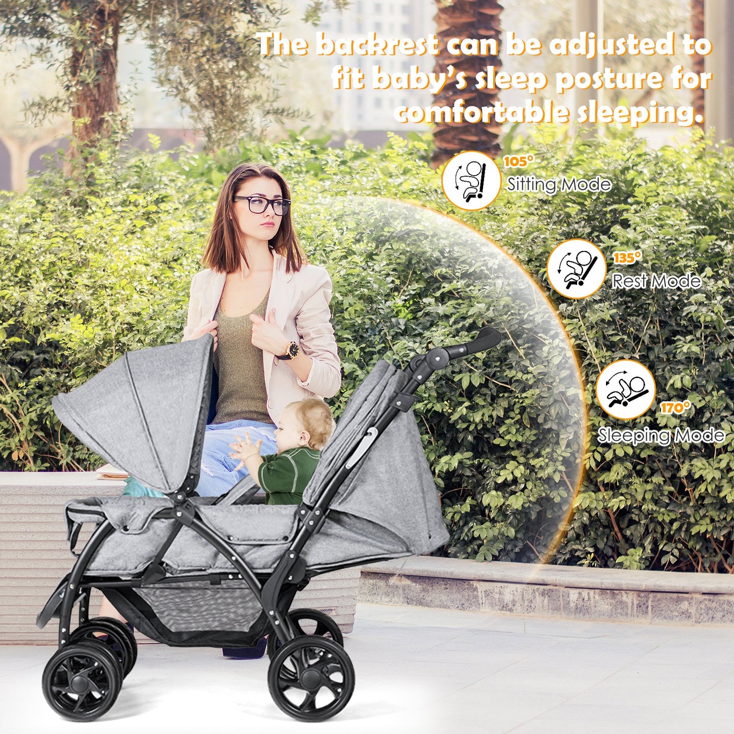 Foldable Lightweight Front Back Seats Double Baby Stroller, Gray Baby Strollers at Gallery Canada