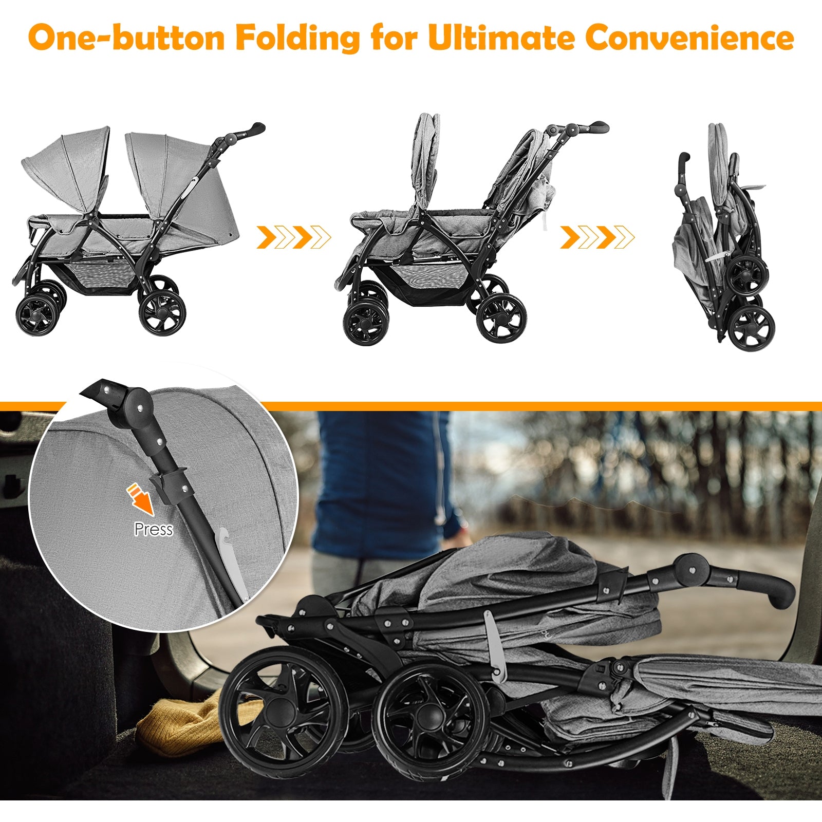Foldable Lightweight Front Back Seats Double Baby Stroller, Gray Baby Strollers at Gallery Canada
