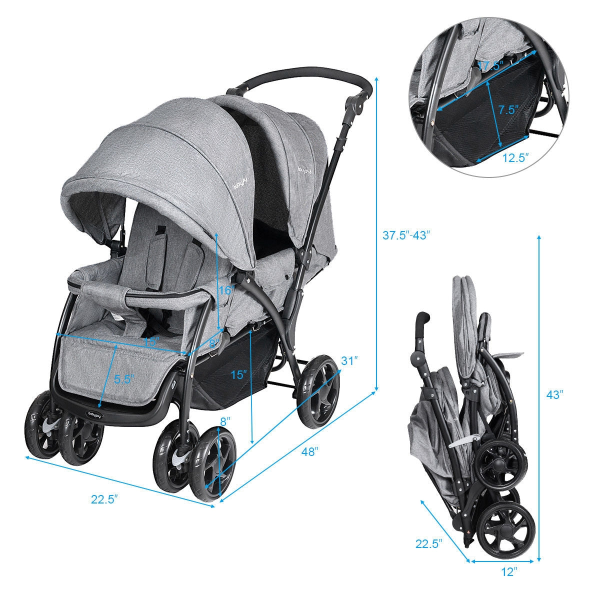 Foldable Lightweight Front Back Seats Double Baby Stroller, Gray Baby Strollers at Gallery Canada