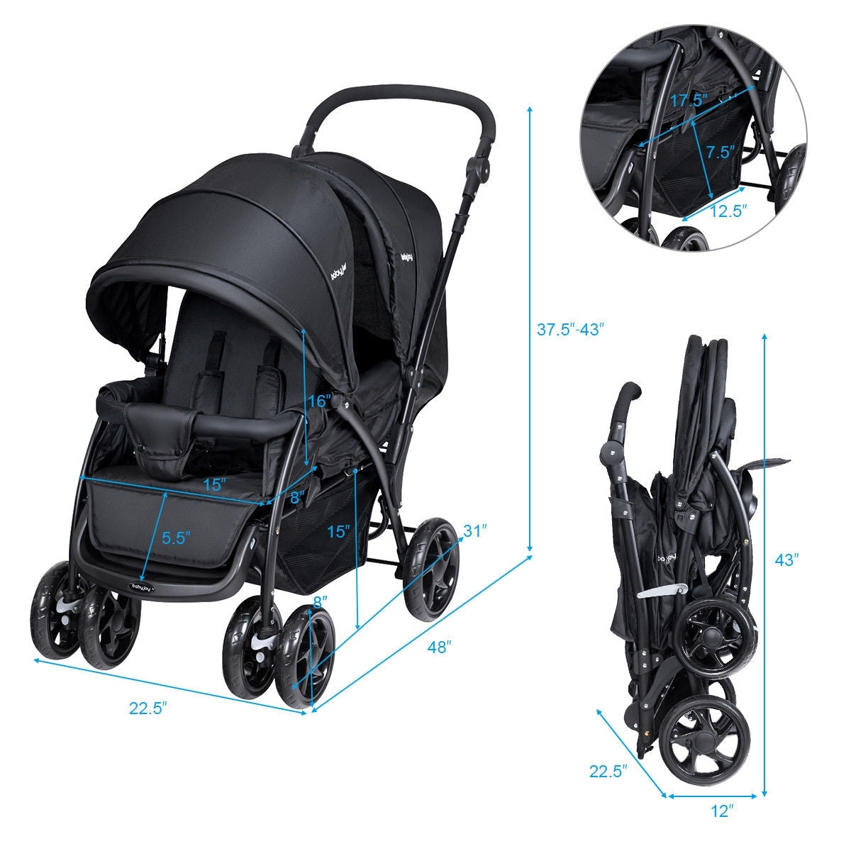 Foldable Lightweight Front Back Seats Double Baby Stroller, Black Baby Strollers at Gallery Canada