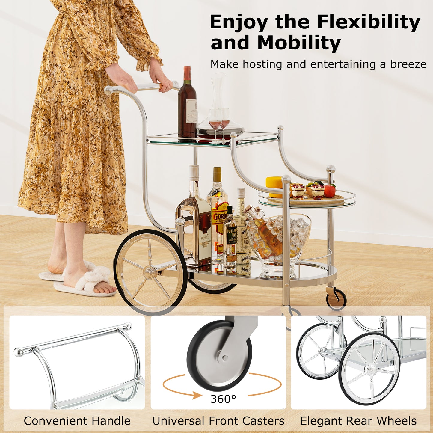 Kitchen Rolling Bar Cart with Tempered Glass Suitable for Restaurant and Hotel, Silver Kitchen Islands & Carts at Gallery Canada