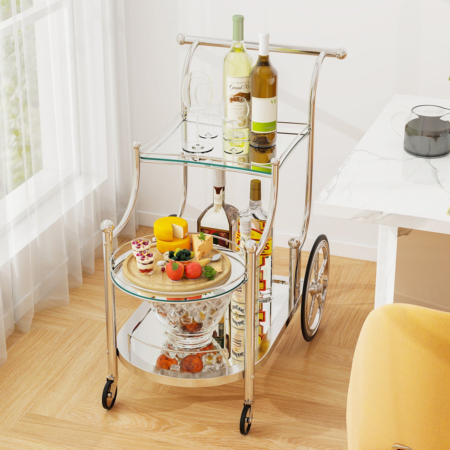 Kitchen Rolling Bar Cart with Tempered Glass Suitable for Restaurant and Hotel, Silver Kitchen Islands & Carts at Gallery Canada