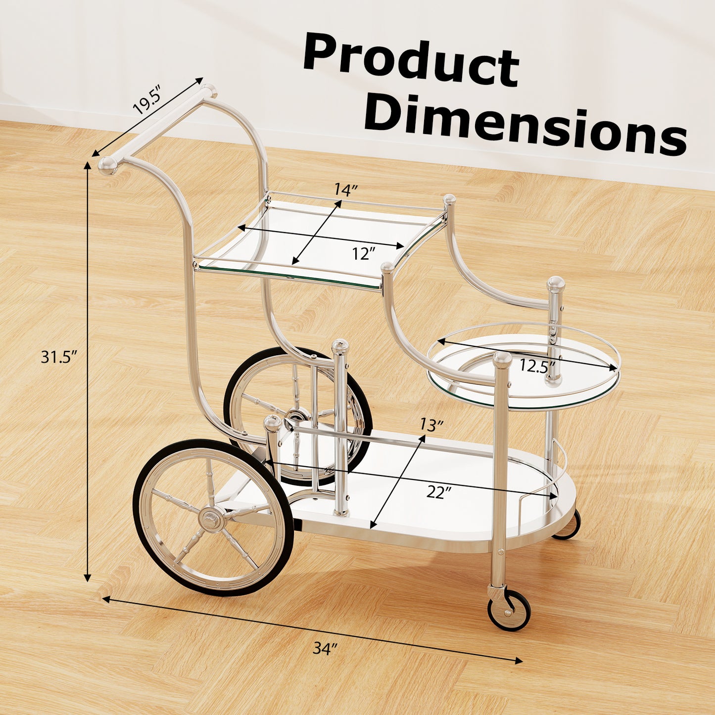 Kitchen Rolling Bar Cart with Tempered Glass Suitable for Restaurant and Hotel, Silver Kitchen Islands & Carts at Gallery Canada